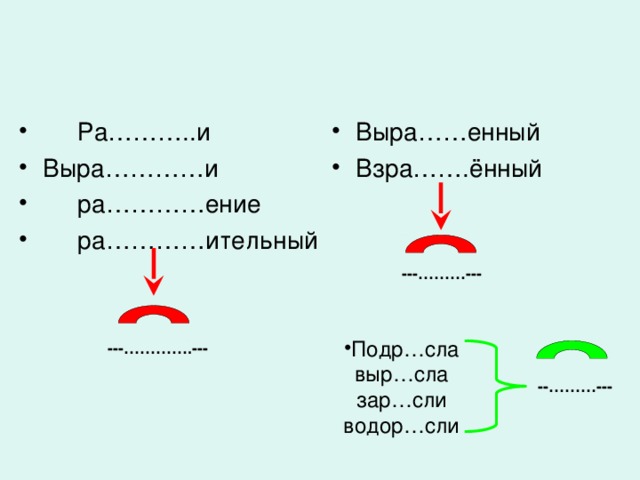 Ра………..и Выра…………и  ра…………ение  ра…………ительный Выра……енный Взра…….ённый ---………--- Подр…сла  выр…сла  зар…сли  водор…сли