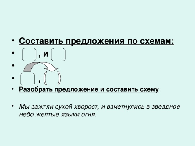 Составить предложения по схемам: , и , Разобрать предложение и составить схему