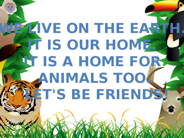 We live on the Earth. It is our home. It is a home for animals too.  Let's be friends!