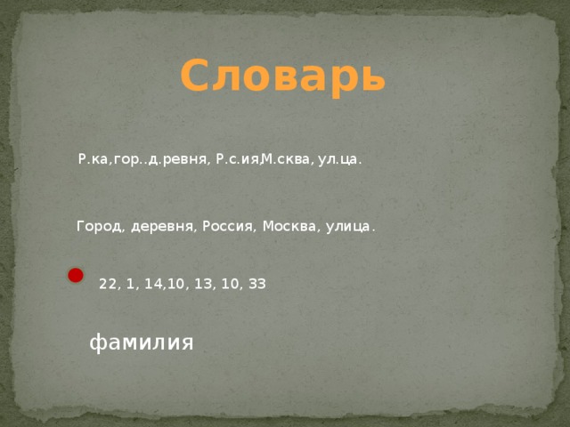 Словарь Р.ка, гор.., д.ревня, Р.с.ия, М.сква, ул.ца. Город, деревня, Россия, Москва, улица. 22, 1, 14,10, 13, 10, 33 фамилия