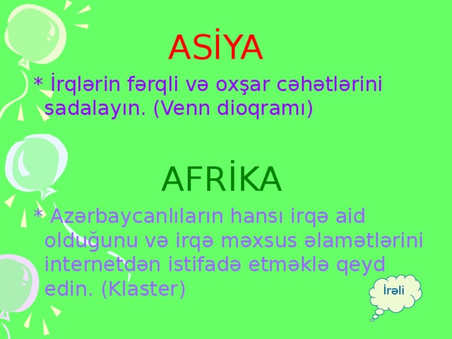 ASİYA  * İrqlərin fərqli və oxşar cəhətlərini sadalayın. (Venn dioqramı)  AFRİKA  * Azərbaycanlıların hansı irqə aid olduğunu və irqə məxsus əlamətlərini internetdən istifadə etməklə qeyd edin. (Klaster) İrəli