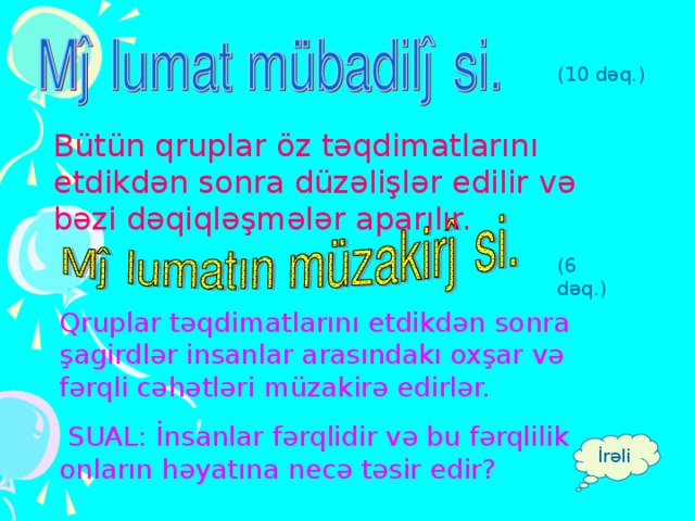 (10 dəq.) Bütün qruplar öz təqdimatlarını etdikdən sonra düzəlişlər edilir və bəzi dəqiqləşmələr aparılır. (6 dəq.) Qruplar təqdimatlarını etdikdən sonra şagirdlər insanlar arasındakı oxşar və fərqli cəhətləri müzakirə edirlər.  SUAL: İnsanlar fərqlidir və bu fərqlilik onların həyatına necə təsir edir? İrəli