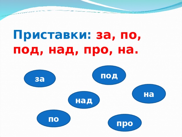 Приставки: за, по, под, над, про, на. под за на над по про