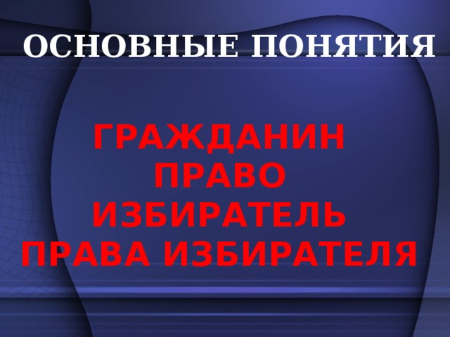 ОСНОВНЫЕ ПОНЯТИЯ ГРАЖДАНИН ПРАВО ИЗБИРАТЕЛЬ ПРАВА ИЗБИРАТЕЛЯ