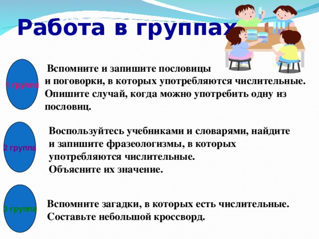 Работа в группах 1 группа  Вспомните и запишите пословицы и поговорки, в которых употребляются числительные. Опишите случай, когда можно употребить одну из пословиц. 2 группа Воспользуйтесь учебниками и словарями, найдите и запишите фразеологизмы, в которых употребляются числительные. Объясните их значение.  3 группа Вспомните загадки, в которых есть числительные. Составьте небольшой кроссворд.