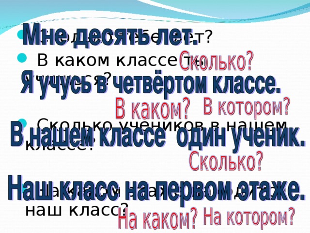 Сколько тебе лет?  В каком классе ты учишься?  Сколько учеников в нашем классе?  На каком этаже находится наш класс?