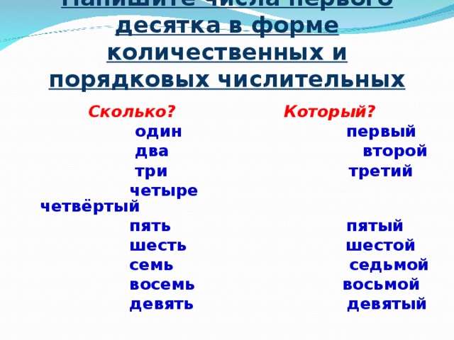 Напишите числа первого десятка в форме количественных и порядковых числительных Сколько? Который?  один первый  два  второй  три третий  четыре четвёртый  пять пятый  шесть шестой  семь седьмой  восемь восьмой  девять девятый