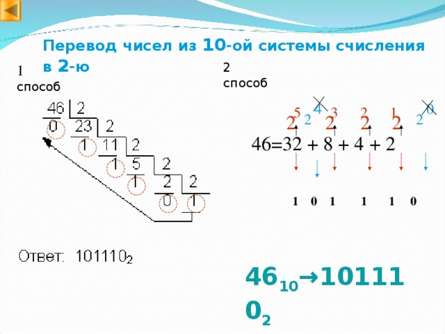 Перевод чисел из 10 -ой системы счисления в 2 -ю 2  способ 1 способ 0 4 5 3 2 1 2 2 2 2 2 2 46=32 + 8 + 4 + 2  1 0 1 1 1 0 46 10 →101110 2