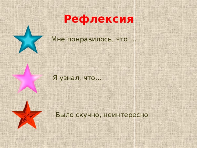 Рефлексия Мне понравилось, что … Я узнал, что… Было скучно, неинтересно