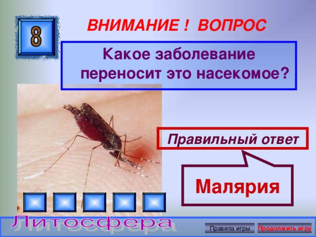 Малярия ВНИМАНИЕ ! ВОПРОС Какое заболевание переносит это насекомое? Правильный ответ Правила игры Продолжить игру