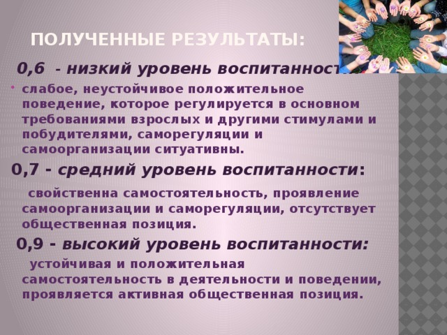 Полученные Результаты:  0,6 - низкий уровень воспитанности : слабое, неустойчивое положительное поведение, которое регулируется в основном требованиями взрослых и другими стимулами и побудителями, саморегуляции и самоорганизации ситуативны. 0,7 - средний уровень воспитанности :  свойственна самостоятельность, проявление самоорганизации и саморегуляции, отсутствует общественная позиция.  0,9 - высокий уровень воспитанности:   устойчивая и положительная самостоятельность в деятельности и поведении, проявляется активная общественная позиция.