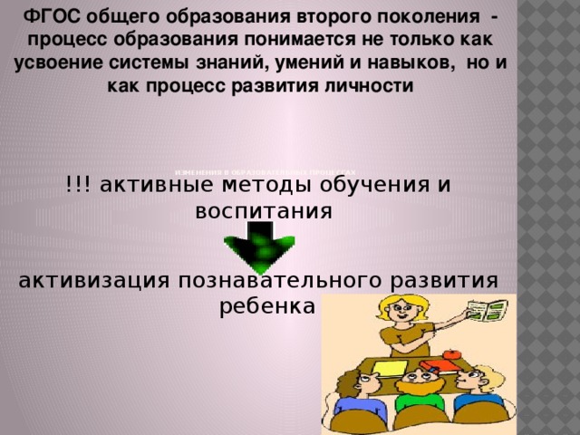 ФГОС общего образования второго поколения - процесс образования понимается не только как усвоение системы знаний, умений и навыков, но и как процесс развития личности                        Изменения в образовательных процессах !!! активные методы обучения и воспитания активизация познавательного развития ребенка