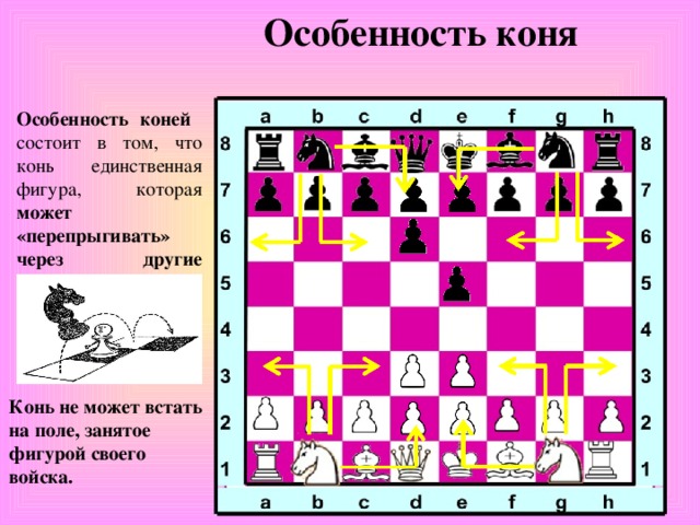 Особенность коня Особенность коней состоит в том, что конь единственная фигура, которая может «перепрыгивать» через другие фигуры Конь не может встать на поле, занятое фигурой своего войска.