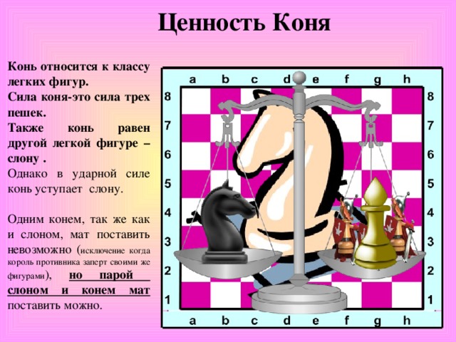 Ценность Коня Конь относится к классу легких фигур. Сила коня-это сила трех пешек. Также конь равен другой легкой фигуре – слону . Однако в ударной силе конь уступает слону. Одним конем, так же как и слоном, мат поставить невозможно ( исключение когда король противника заперт своими же фигурами ), но парой слоном и конем мат поставить можно.