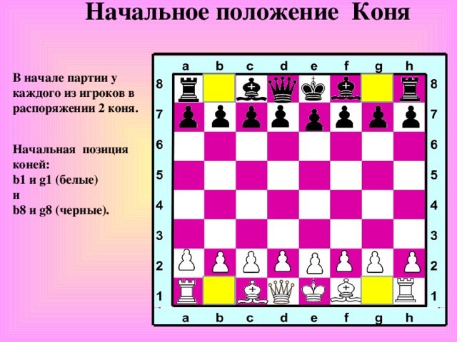 Начальное положение Коня В начале партии у каждого из игроков в распоряжении 2 коня.  Начальная позиция коней:  b1 и g1 (белые) и  b8 и g8 (черные).  