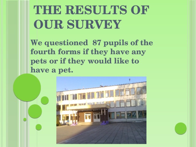 The results of our survey We questioned 87 pupils of the fourth forms if they have any pets or if they would like to have a pet.