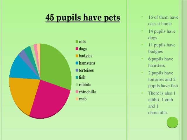 16 of them have cats at home 14 pupils have dogs 11 pupils have budgies 6 pupils have hamsters 2 pupils have tortoises and 2 pupils have fish There is also 1 rabbit, 1 crab and 1 chinchilla.
