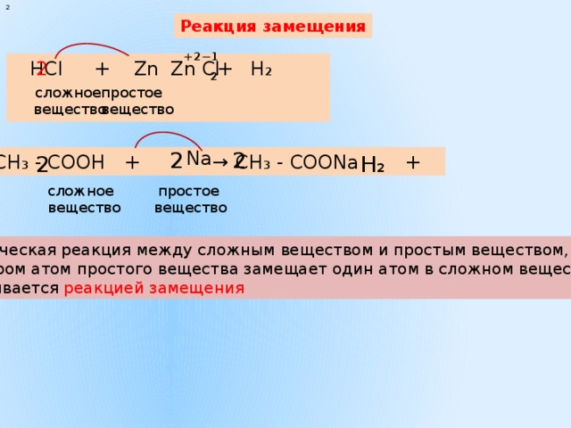 2 Реакция замещения ⁺ ²⁻¹  НСl + Zn = + H₂ 2 Zn Cl ₂ сложное простое  вещество вещество 2 2 Na  СН₃ - СООNa 2  СН₃ - СООН + → + Н₂ сложное простое вещество  вещество Химическая реакция между сложным веществом и простым веществом, при котором атом простого вещества замещает один атом в сложном веществе  называется реакцией замещения