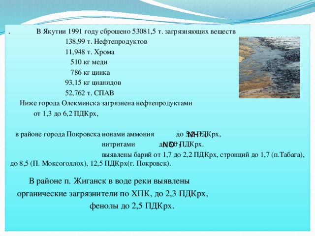 . В Якутии 1991 году сброшено 53081,5 т. загрязняющих веществ  138,99 т. Нефтепродуктов  11,948 т. Хрома  510 кг меди  786 кг цинка  93,15 кг цианидов  52,762 т. СПАВ   Ниже города Олекминска загрязнена нефтепродуктами  от 1,3 до 6,2 ПДКрх,  в районе города Покровска ионами аммония до 5,2 ПДКрх,  нитритами до 3,0 ПДКрх.  выявлены барий от 1,7 до 2,2 ПДКрх, стронций до 1,7 (п.Табага), до 8,5 (П. Моксоголлох), 12,5 ПДКрх(г. Покровск).  В районе п. Жиганск в воде реки выявлены  органические загрязнители по ХПК, до 2,3 ПДКрх,  фенолы до 2,5 ПДКрх.   NH ⁺₄ NO ⁻₃
