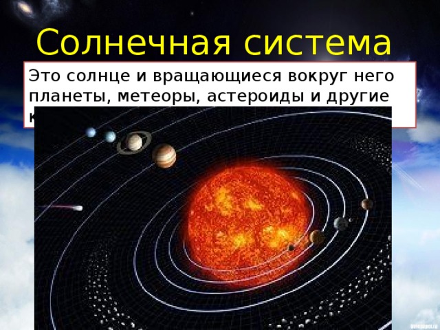 Солнечная система Это солнце и вращающиеся вокруг него планеты, метеоры, астероиды и другие космические тела