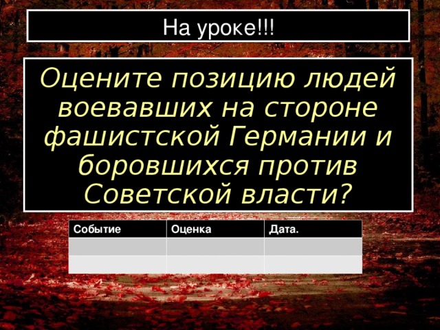 На уроке!!! Оцените позицию людей воевавших на стороне фашистской Германии и боровшихся против Советской власти? Событие Оценка Дата.