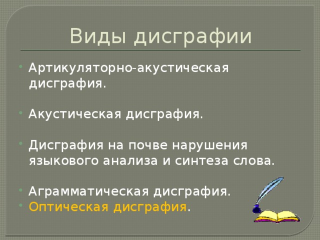 Виды дисграфии Артикуляторно-акустическая дисграфия.   Акустическая дисграфия.   Дисграфия на почве нарушения языкового анализа и синтеза слова.  