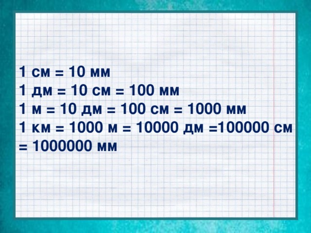 1 см = 10 мм 1 дм = 10 см = 100 мм 1 м = 10 дм = 100 см = 1000 мм 1 км = 1000 м = 10000 дм =100000 см = 1000000 мм