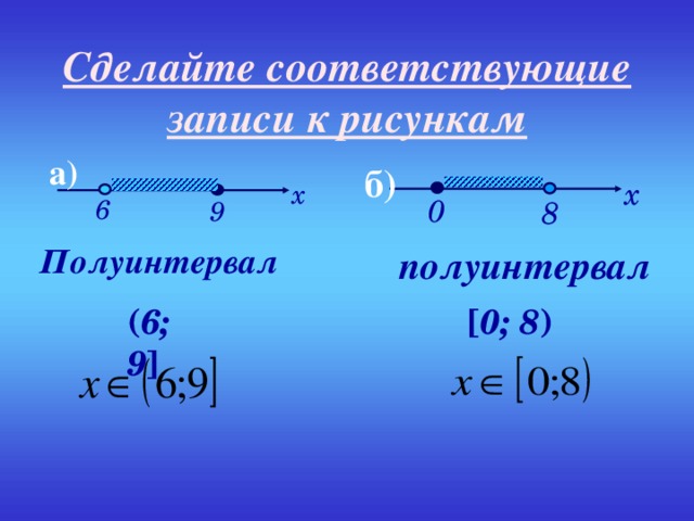 Сделайте соответствующие записи к рисункам а) б) x x 0 6 8 9 Полуинтервал полуинтервал ( 6; 9 ]  [ 0; 8 )