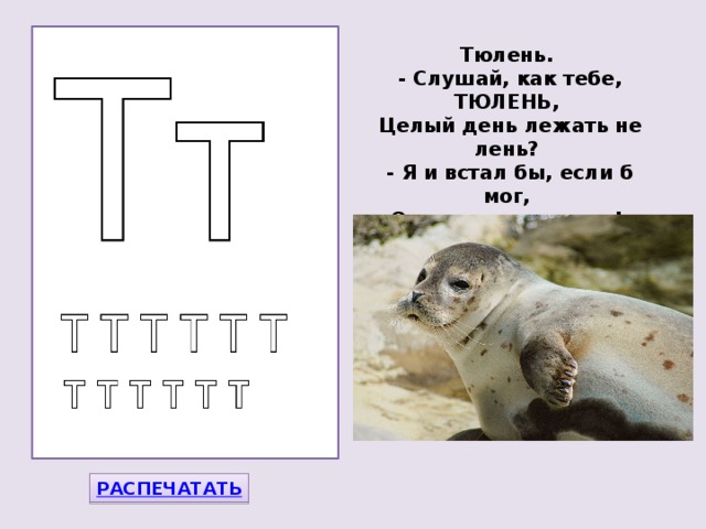 Тюлень.  - Слушай, как тебе, ТЮЛЕНЬ,  Целый день лежать не лень?  - Я и встал бы, если б мог,  Одолжите пару ног!