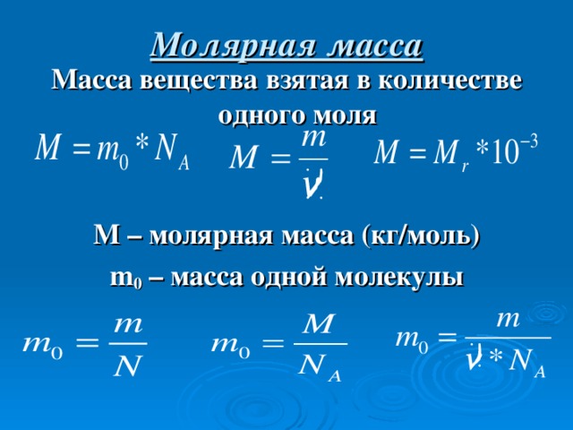 Молярная масса Масса вещества взятая в количестве одного моля   М – молярная масса (кг/моль) m 0 – масса одной молекулы