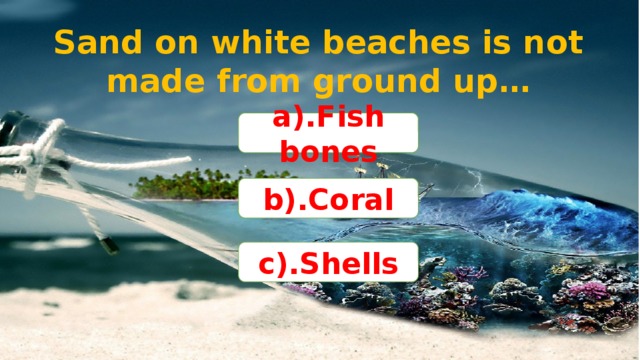 Sand on white beaches is not made from ground up… a).Fish bones b).Coral c).Shells
