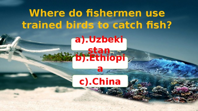 Where do fishermen use trained birds to catch fish? a).Uzbekistan b).Ethiopia c).China