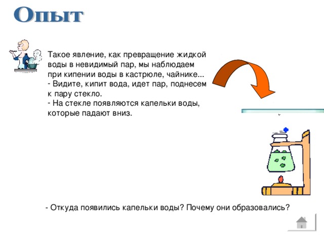 Такое явление, как превращение жидкой воды в невидимый пар, мы наблюдаем при кипении воды в кастрюле, чайнике...  Видите, кипит вода, идет пар, поднесем к пару стекло.  На стекле появляются капельки воды, которые падают вниз. - Откуда появились капельки воды? Почему они образовались?