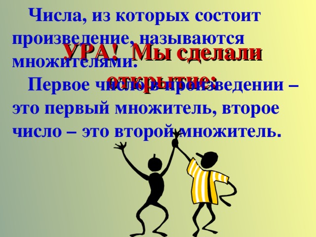 Числа, из которых состоит произведение, называются множителями. Первое число в произведении – это первый множитель, второе число – это второй множитель . УРА! Мы сделали открытие: