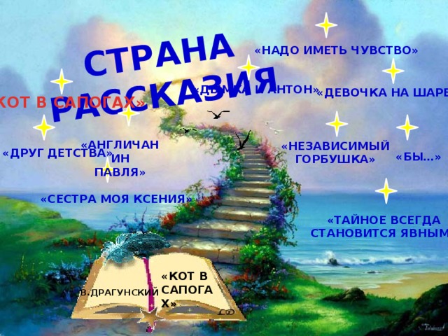 СТРАНА РАССКАЗИЯ «Надо иметь чувство» «Дымка и Антон»  «Девочка на шаре» «КОТ В САПОГАХ»  «Англичанин  Павля» «Независимый  Горбушка»  «Друг детства»  «Бы…» «Сестра моя Ксения» «Тайное всегда становится явным» «КОТ В САПОГАХ» В.ДРАГУНСКИЙ