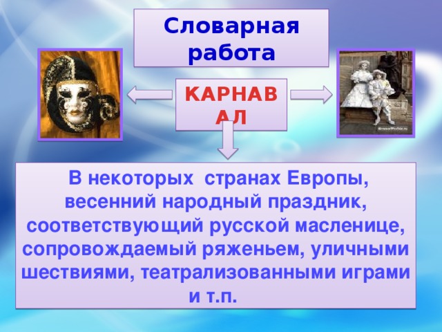 Словарная работа КАРНАВАЛ  В некоторых странах Европы, весенний народный праздник, соответствующий русской масленице, сопровождаемый ряженьем, уличными шествиями, театрализованными играми и т.п.