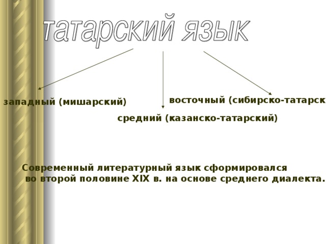 восточный (сибирско-татарский)  западный (мишарский)  средний (казанско-татарский)  Современный литературный язык сформировался  во второй половине XIX в. на основе среднего диалекта.