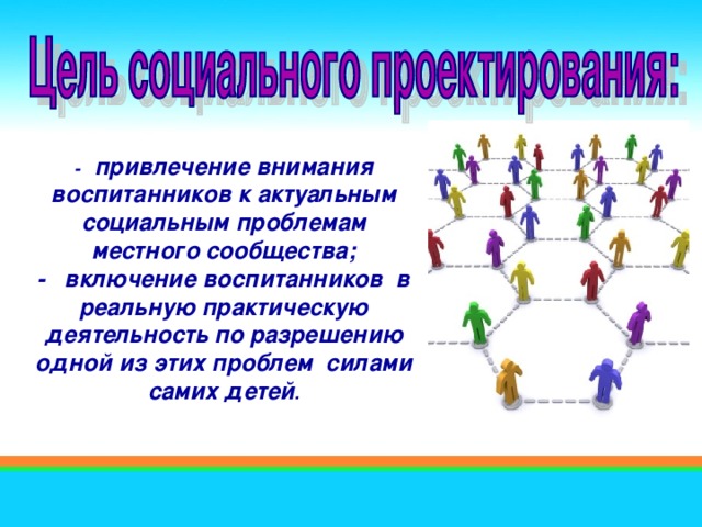 - привлечение внимания воспитанников к актуальным социальным проблемам местного сообщества; - включение воспитанников в реальную практическую деятельность по разрешению одной из этих проблем силами самих детей .