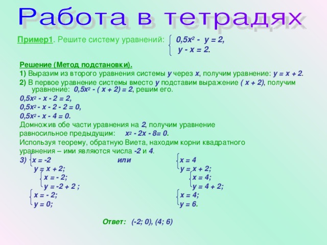 Пример1 . Решите систему уравнений: 0,5x 2  - y = 2 ,   y - x = 2 .  Решение (Метод подстановки). 1) Выразим из второго уравнения системы  y  через  x , получим уравнение:  y = x + 2 . 2) В первое уравнение системы вместо  y  подставим выражение (  x + 2 ) , получим уравнение:  0,5x 2  - (  x + 2 )  = 2 , решим его. 0,5x 2  -  x - 2  = 2 , 0,5x 2 -  x - 2  - 2 = 0, 0,5x 2 -  x -  4 = 0. Домножив обе части уравнения на  2 , получим уравнение равносильное предыдущим:  x 2  -  2 x -  8= 0 . Используя теорему, обратную Виета, находим корни квадратного уравнения – ими являются числа  -2  и  4 . x = -2 или x = 4   y = x + 2 ; y = x + 2 ;  х = - 2; х = 4;  у = -2 + 2 ; у = 4 + 2 ;  х = - 2; х = 4;  у = 0 ; у = 6 .   Ответ: (-2; 0), (4; 6)