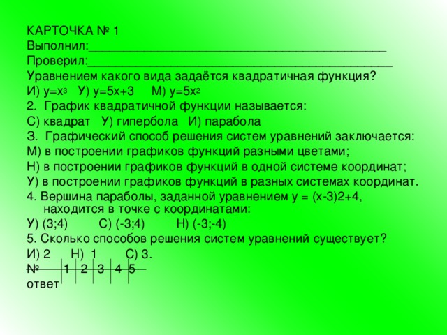 КАРТОЧКА № 1 Выполнил:___________________________________________ Проверил:____________________________________________ Уравнением какого вида задаётся квадратичная функция? И) у=х 3 У) у=5х+3 М) у=5х 2 2. График квадратичной функции называется: С) квадрат У) гипербола И) парабола З. Графический способ решения систем уравнений заключается: М) в построении графиков функций разными цветами; Н) в построении графиков функций в одной системе координат; У) в построении графиков функций в разных системах координат. 4. Вершина параболы, заданной уравнением у = (х-3)2+4, находится в точке с координатами: У) (3;4) С) (-3;4) Н) (-3;-4) 5. Сколько способов решения систем уравнений существует? И) 2 Н) 1 С) 3. № 1 2 3 4 5 ответ