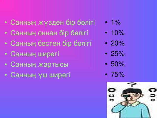 1% 10% 20% 25% 50% 75% Санның жүзден бір бөлігі Санның оннан бір бөлігі Санның бестен бір бөлігі Санның ширегі Санның жартысы Санның үш ширегі