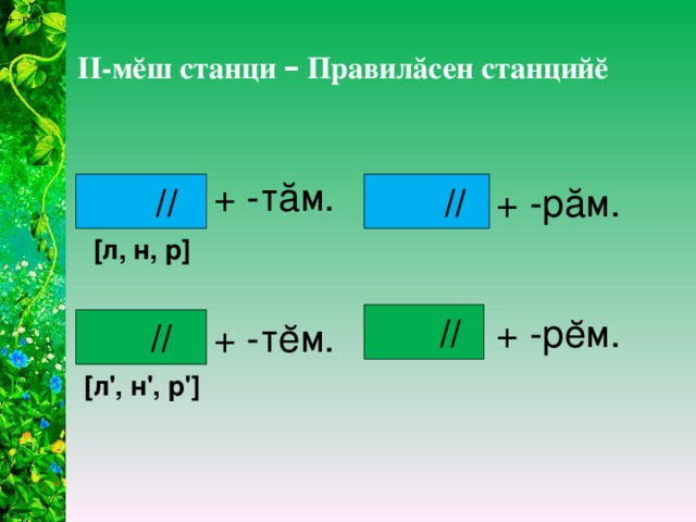 + -рĕм II -мĕш станци – Правилăсен станцийĕ + -тăм.  //  // + -рăм. [л, н, р]  // + -рĕм.  // + -тĕм.  [л', н', р']