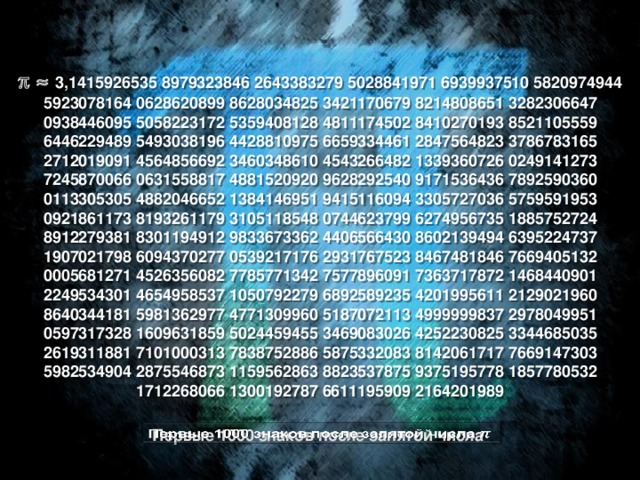     3,1415926535 8979323846 2643383279 5028841971 6939937510 5820974944 5923078164 0628620899 8628034825 3421170679 8214808651 3282306647 0938446095 5058223172 5359408128 4811174502 8410270193 8521105559 6446229489 5493038196 4428810975 6659334461 2847564823 3786783165 2712019091 4564856692 3460348610 4543266482 1339360726 0249141273 7245870066 0631558817 4881520920 9628292540 9171536436 7892590360 0113305305 4882046652 1384146951 9415116094 3305727036 5759591953 0921861173 8193261179 3105118548 0744623799 6274956735 1885752724 8912279381 8301194912 9833673362 4406566430 8602139494 6395224737 1907021798 6094370277 0539217176 2931767523 8467481846 7669405132 0005681271 4526356082 7785771342 7577896091 7363717872 1468440901 2249534301 4654958537 1050792279 6892589235 4201995611 2129021960 8640344181 5981362977 4771309960 5187072113 4999999837 2978049951 0597317328 1609631859 5024459455 3469083026 4252230825 3344685035 2619311881 7101000313 7838752886 5875332083 8142061717 7669147303 5982534904 2875546873 1159562863 8823537875 9375195778 1857780532 1712268066 1300192787 6611195909 2164201989 Первые 1000 знаков после запятой числа  