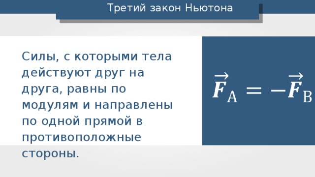 Третий закон Ньютона Силы, с которыми тела действуют друг на друга, равны по модулям и направлены по одной прямой в противоположные стороны.