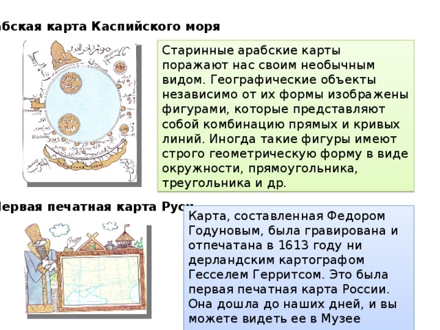 Арабская карта Каспийского моря Старинные арабские карты поражают нас своим необычным видом. Географические объекты независимо от их формы изображены фи­гурами, которые представляют собой комбинацию пря­мых и кривых линий. Иногда такие фигуры имеют строго геометрическую форму в виде окружности, пря­моугольника, треугольника и др. Первая печатная карта Руси  Карта, составленная Федором Годуно­вым, была гравирована и отпечатана в 1613 году ни­дерландским картографом Гесселем Герритсом. Это была первая печатная карта России. Она дошла до наших дней, и вы можете видеть ее в Музее истории и реконструкции Москвы.