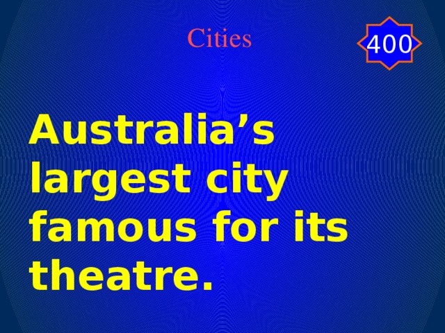 400 Cities Australia’s largest city famous for its theatre.