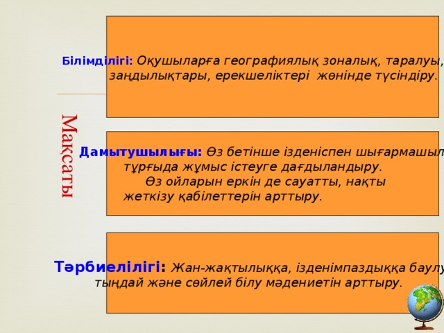 Мақсаты Білімділігі:  Оқушыларға географиялық зоналық, таралуы,    заңдылықтары, ерекшеліктері жөнінде түсіндіру. Дамытушылығы: Өз бетінше ізденіспен шығармашылық   тұрғыда жұмыс істеуге дағдыландыру.    Өз ойларын еркін де сауатты, нақты   жеткізу қабілеттерін арттыру. Тәрбиелілігі : Жан-жақтылыққа, ізденімпаздыққа баулу,   тыңдай және сөйлей білу мәдениетін арттыру.