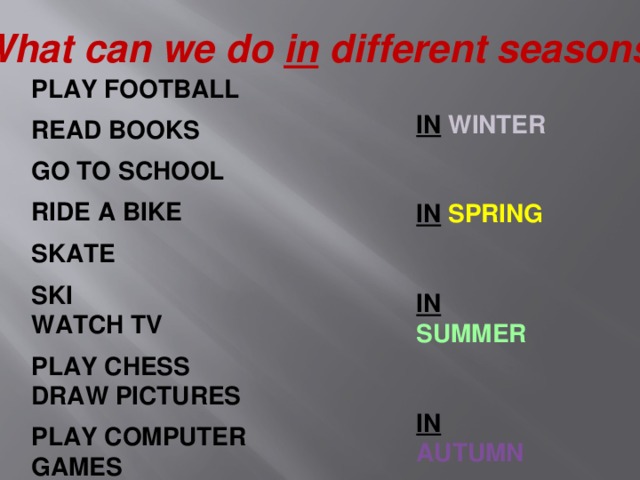 What can we do in different seasons? PLAY FOOTBALL  READ BOOKS  GO TO SCHOOL  RIDE A BIKE  SKATE  SKI WATCH TV  PLAY CHESS DRAW PICTURES  PLAY COMPUTER GAMES  IN  WINTER   IN  SPRING   IN  SUMMER   IN  AUTUMN