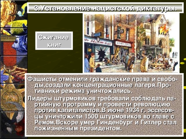 3.Установление нацистской диктатуры. Сжигание книг Фашисты отменили гражданские права и свобо-ды,создали концентрационные лагеря.Про-тивники режима уничтожались. Лидеры штурмовиков требовали соблюдать па-ртийную программу и провести революцию против капиталистов.В июне 1934 г. эссесов-цы уничтожили 1500 штурмовиков во главе с Ремом.Вскоре умер Гинденбург и Гитлер стал пожизненным президентом.