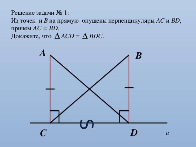 S Решение задачи № 1: Из точек и В на прямую опущены перпендикуляры АС и ВD , причем АС = ВD . Докажите, что АСD = ВDС . А В D С а